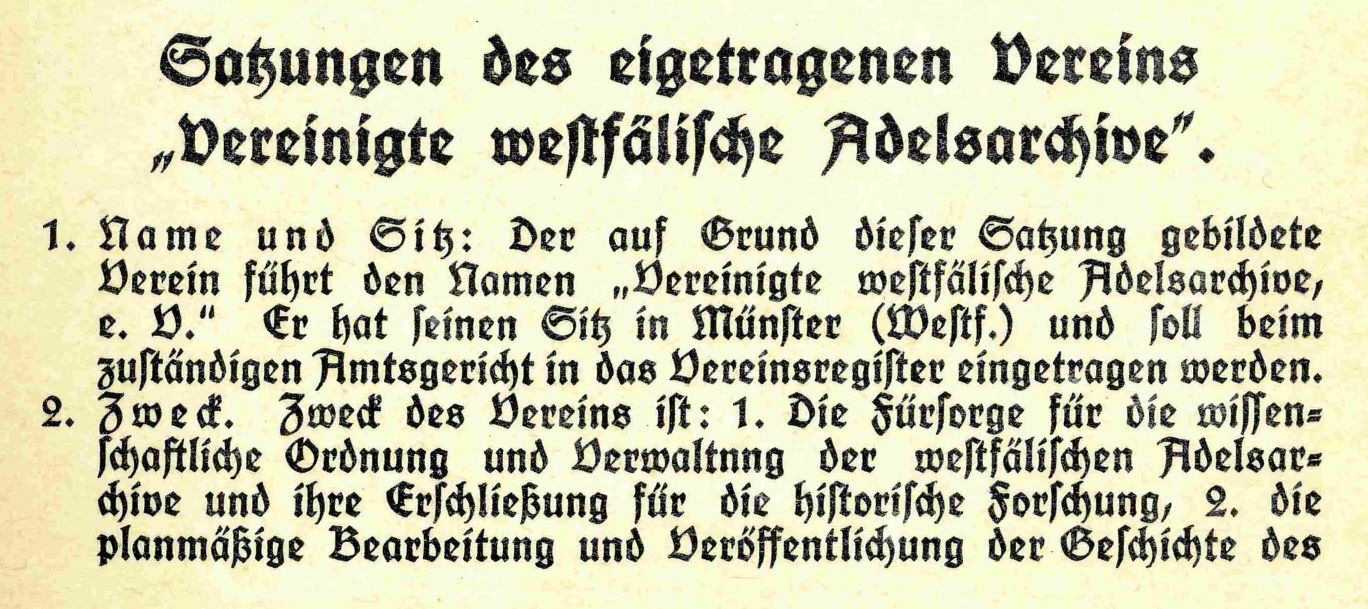 Ausschnitt aus einem alten, gedruckten Dokument mit der Überschrift 'Satzungen des eingetragenen Vereins „Vereinigte westfälische Adelsarchive“'