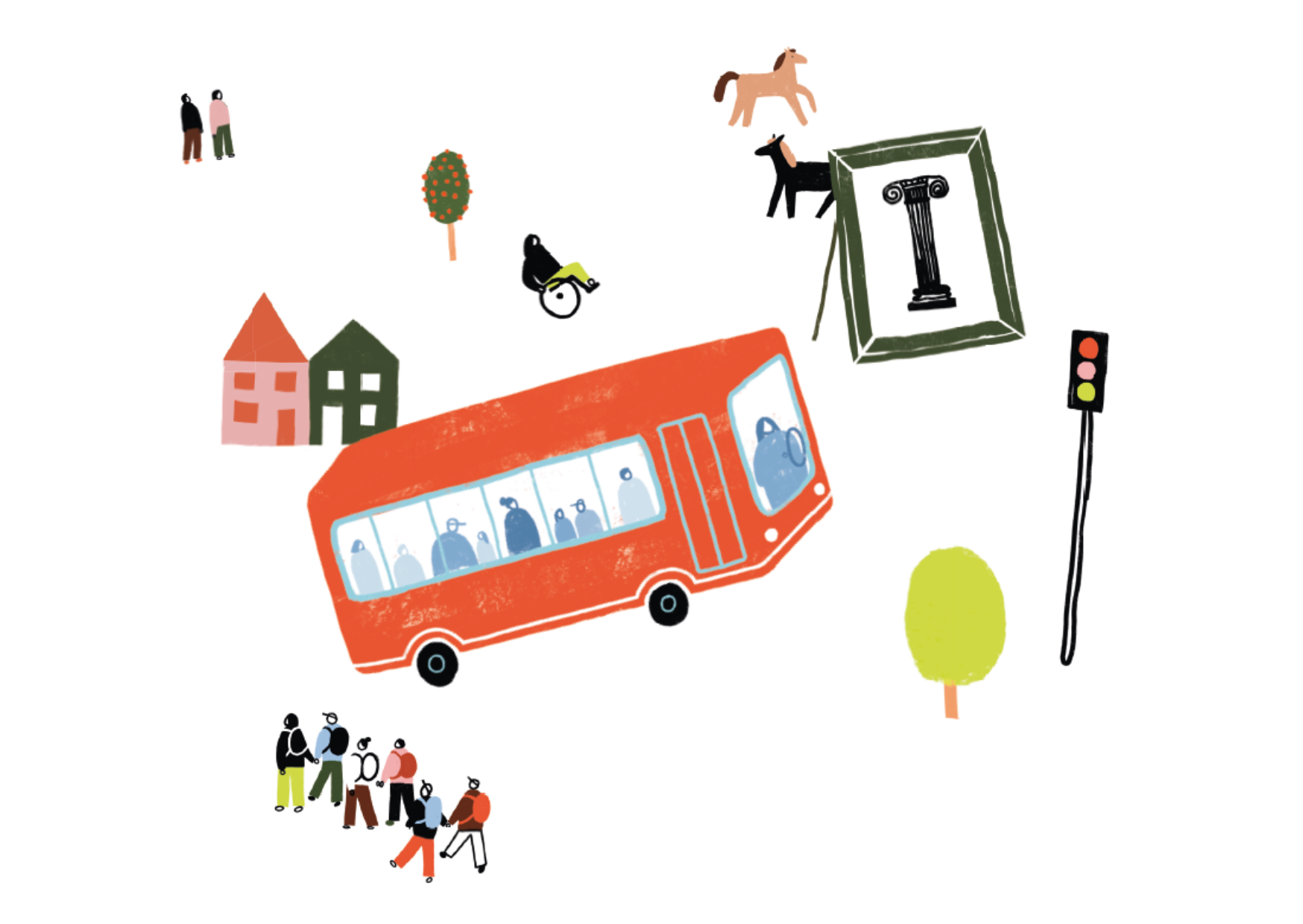 Illustration mit rotem Bus, mehreren kleinen Menschenfiguren, zwei Häusern, zwei Bäumen, zwei Pferden, einem Rollstuhlfahrer, einem Verkehrssignal und einem gerahmten Bild.
