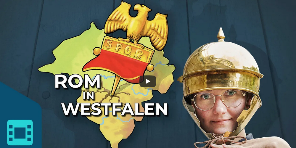 Eine Person mit Metall-Kopfschutz, im Hintergrund der Umriss von Westfalen-Lippe und der Schriftzug "Rom in Westfalen"