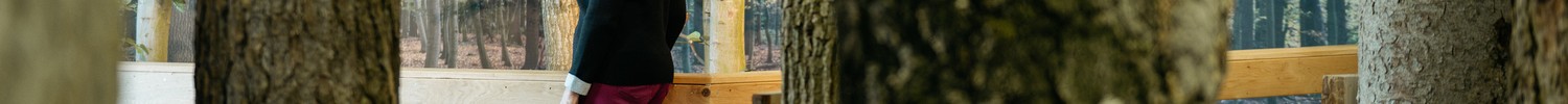 Zwischen Baumstämmen sieht man eine Frau, die auf einem hölzernen Weg durch den nachgestellten Wald läuft