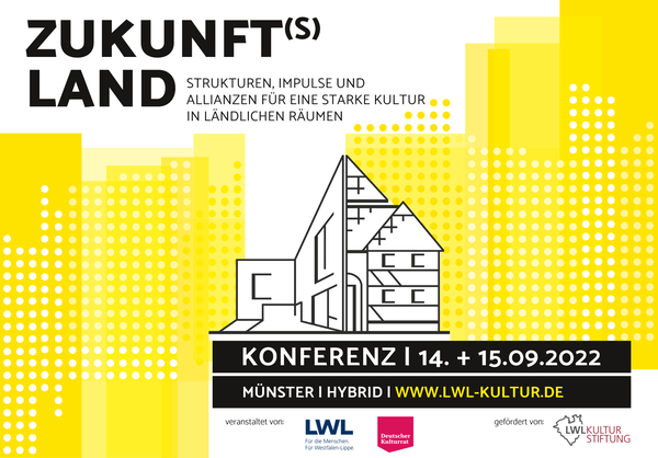 Schwarz-weiße Linienzeichnung eines Hauses vor gelb hinterlegtem Rastermuster mit Text zu einer Kulturkonferenz in Münster am 14. und 15.09.2022