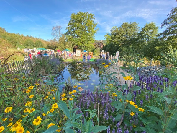 Blühender naturnaher Garten mit Teich, bunten Blumen und Menschen, die sich an einem sonnigen Tag zwischen Beeten und Wegen aufhalten.