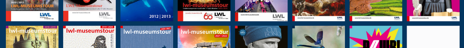 Reihe von 14 bunten Titelseiten der "lwl-museumstour" mit verschiedenen historischen und kulturellen Motiven auf blauem Hintergrund