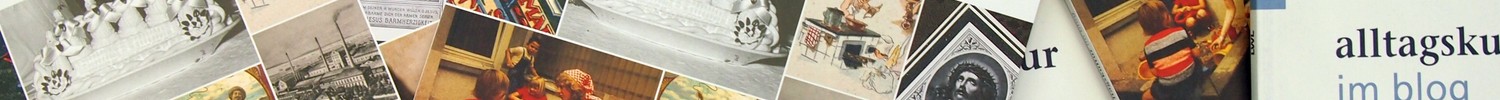 Mehrere Broschüren mit dem Titel 'alltagskultur im blog' und Collagen aus historischen Fotos auf dem Cover