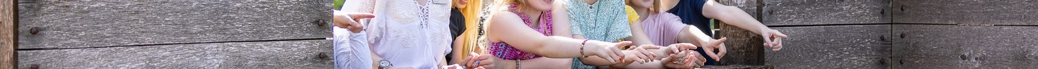 Kinder und eine erwachsene Person stehen hinter einem hölzernen Geländer auf der Römerbaustelle Alsio und zeigen mit ihren Armen mit Zeigefingern nach vorne.