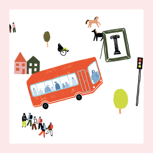 Illustration mit rotem Bus, mehreren kleinen Menschenfiguren, zwei Häusern, zwei Bäumen, zwei Pferden, einem Rollstuhlfahrer, einem Verkehrssignal und einem gerahmten Bild.