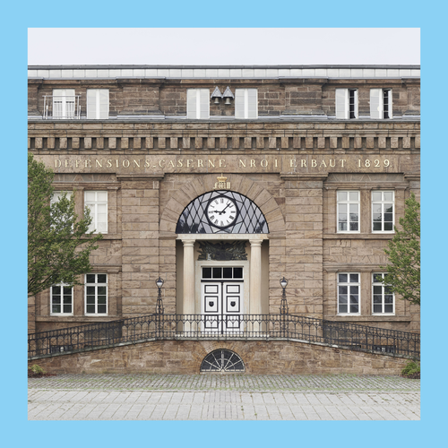 Steingebäude mit Treppenaufgang zu großer Eingangstür. Foto eingefasst in blauen Rahmen.