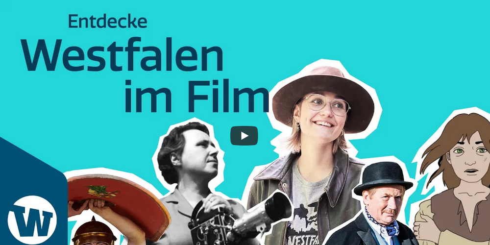 Collage aus mehreren Personen in verschiedenen Kostümen vor türkisfarbenem Hintergrund mit dem Text 'Entdecke Westfalen im Film'