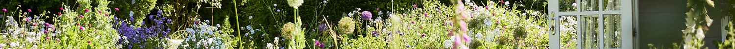 Garten mit blühenden Stauden, einem Holzstuhl mit pinkem Kissen und einem weißen Gartenhaus mit offener Tür