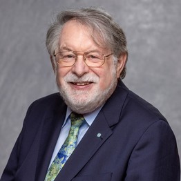 Älterer Mann mit Brille, grauem Haar und Bart, lächelnd, trägt dunklen Anzug und gemusterten Krawatte vor grauem Hintergrund