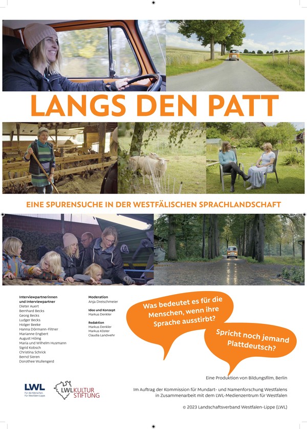 Filmplakat mit dem Titel "Langs den Patt" und Collage aus sechs Fotos mit Menschen in verschiedenen ländlichen und landwirtschaftlichen Umgebungen