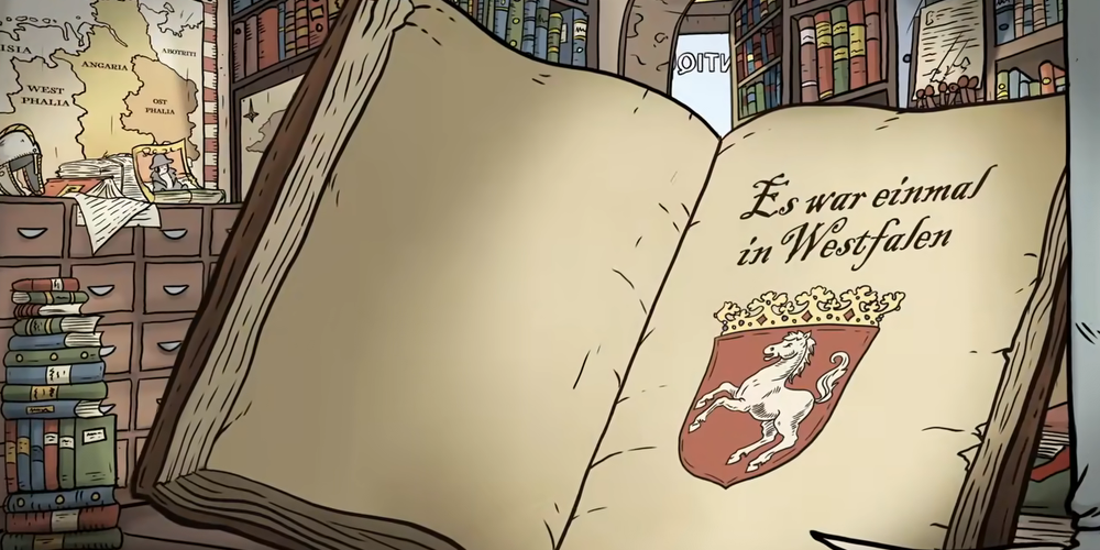 Geöffneter alter Buchband mit der Schrift 'Es war einmal in Westfalen' und einem Wappenschild mit einem weißen Pferd, im Hintergrund Bücherregale.