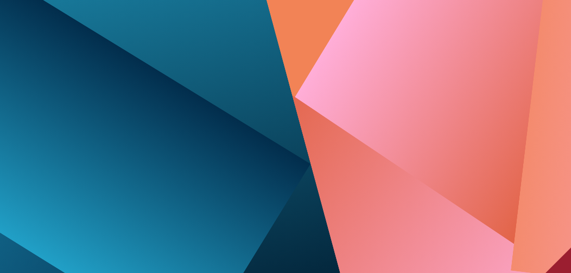 Abstrakte Komposition aus überlappenden, geometrischen Flächen mit klaren Kanten und unterschiedlichen blauen und orangen Schattierungen.