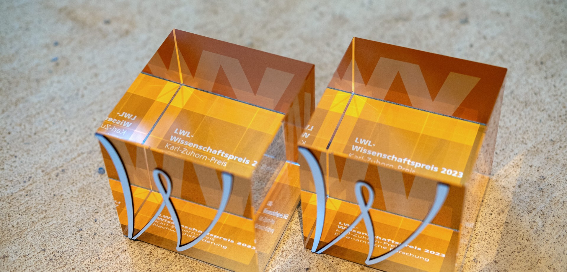 Zwei transparente würfelförmige Auszeichnungen mit orangefarbenem Design und der Aufschrift „LWL-Wissenschaftspreis 2023 Karl-Zuhorn-Preis“ stehen nebeneinander auf einem Tisch.