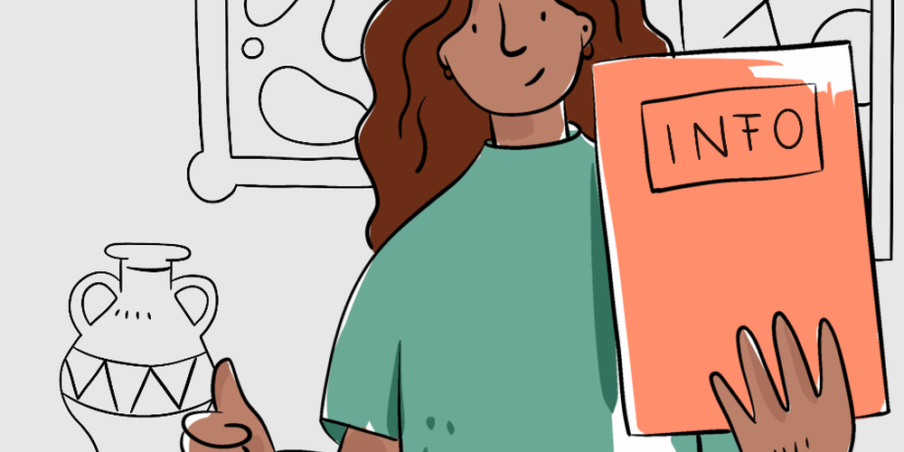 Illustration einer Person mit braunen Haaren, die ein orangefarbenes Heft mit der Aufschrift 'INFO' hält und den Daumen hoch zeigt, im Hintergrund zwei Bilder und eine Vase