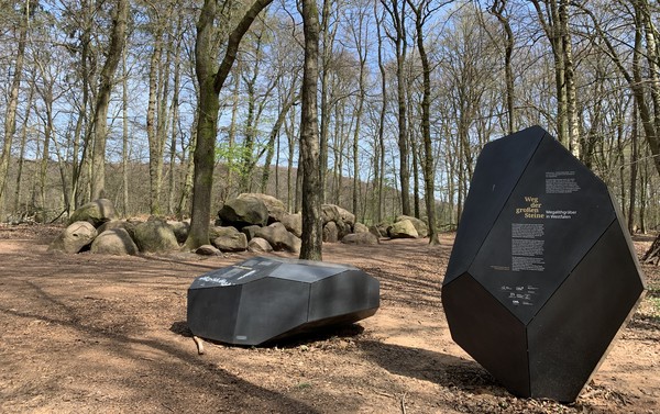 Zwei schwarze Informationstafeln stehen auf einem Waldweg vor einer Gruppe großer Steine und kahler Bäume.