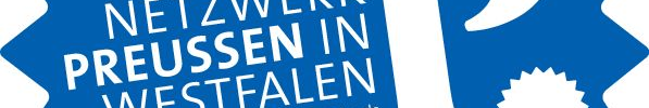 Blauer Kreis mit Zacken darin Schriftzug: "Netzwerk Preussen in Westfalen" und einen großes weißes P