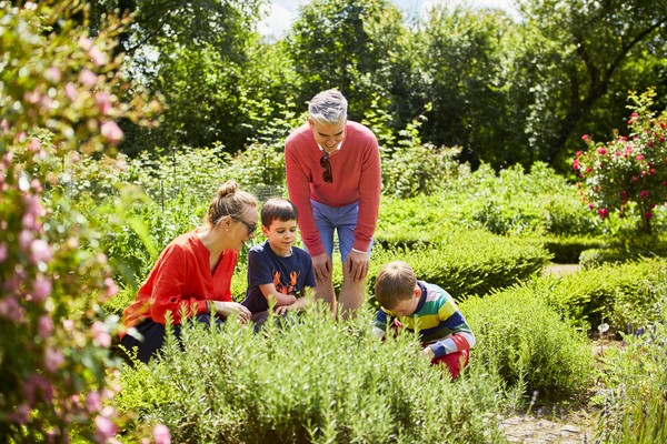 Vier Personen, zwei Erwachsene und zwei Kinder, bücken sich in einem Garten mit grünen Pflanzen und blühenden Sträuchern