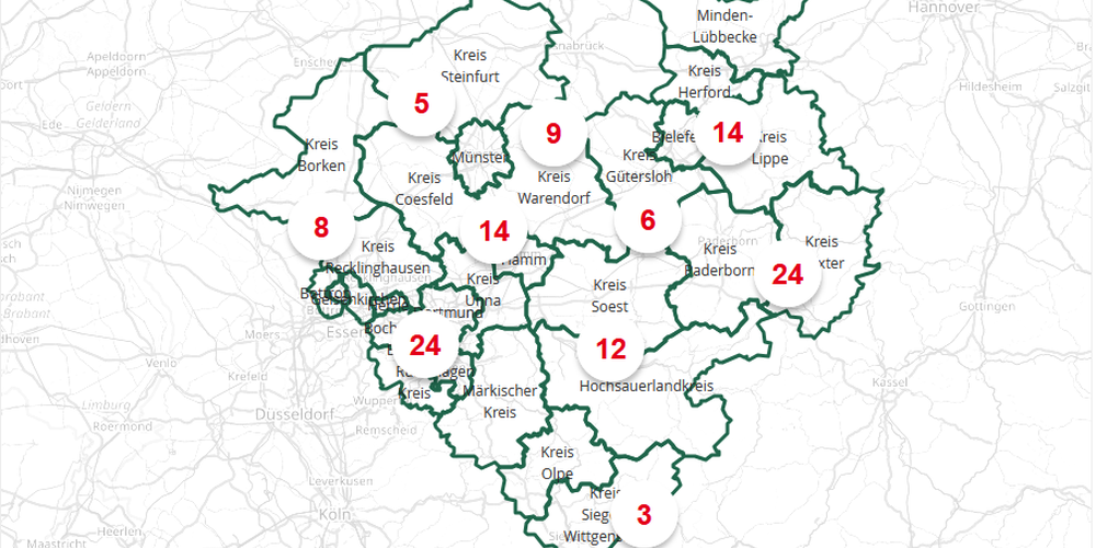 Karte mit Umrissen von Kreisen in Nordrhein-Westfalen und roten Zahlen zur Kennzeichnung verschiedener Gebiete