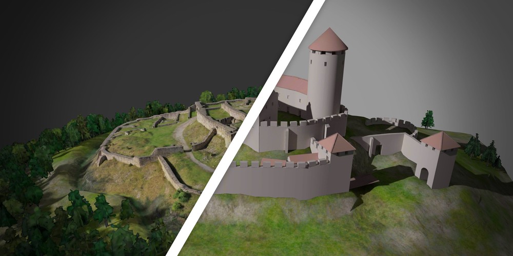 Eine digitale Rekonstruktion, die nebeneinander den heutigen und früheren Zustand einer Burg zeigt.