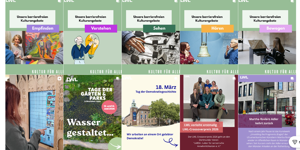 Collage aus mehreren Bannern mit Texten zu barrierefreien Kulturangeboten der LWL, darunter Themen wie Empfinden, Verstehen, Sehen, Hören, Bewegen sowie Veranstaltungen zu Demokratiegeschichte und Kunst.