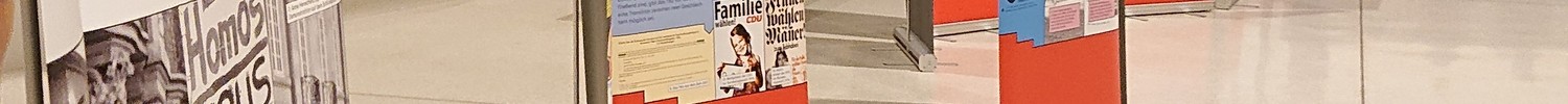 Mehrere aufgestellte Ausstellungstafeln mit Text und Bildern in einem großen Innenraum, im Hintergrund stehen Menschen